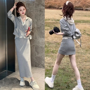 欧货时尚蕾丝拼接假两件卫衣套装裙女春季小个子休闲半身裙两件套