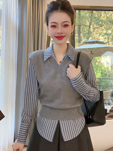 欧货学院风时尚套装女2024早春季针织马甲背心叠穿条纹衬衫两件套