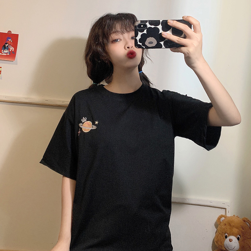 Real Hong Kong Style classic chic Hong Kong style embroidery short sleeve T-shirt women's spring and summer 2021 loose top