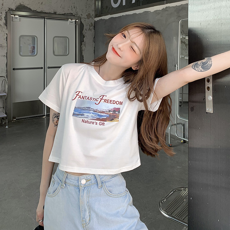 Real shot short sleeve t-shirt female summer new white Hong Kong Style super fire ins short open navel high waist top