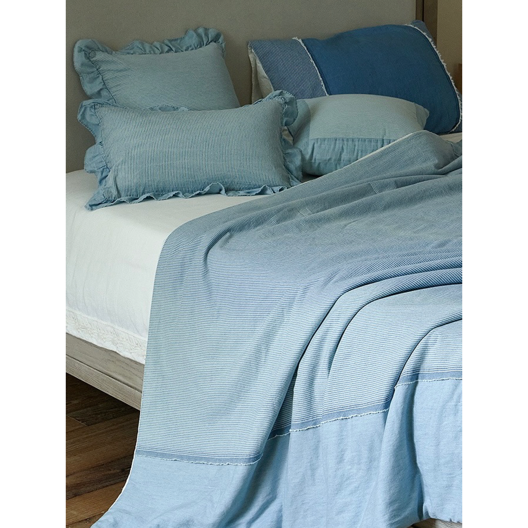 LIWOO｜全棉牛仔蓝拼色夏被 腰靠小配件床品