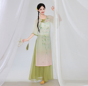 新款古典舞旗袍舞蹈服中国风练功服身韵长款纱衣中国舞舞蹈服优雅