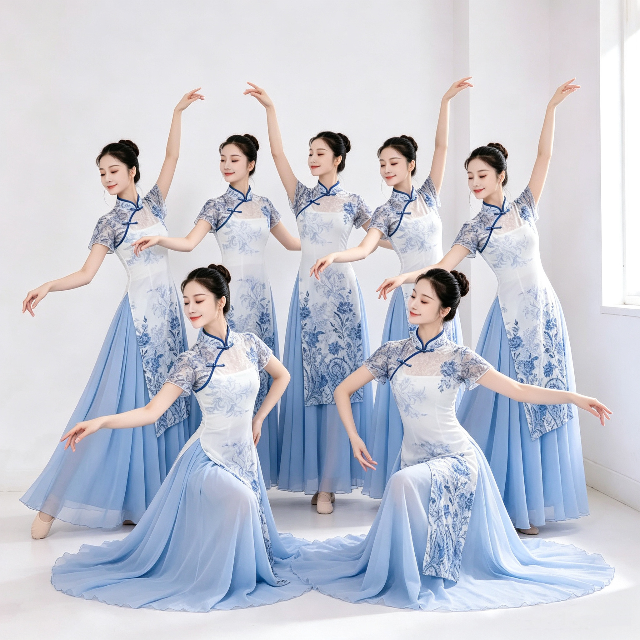 青花瓷旗袍古典舞蹈服套装中国风舞蹈表演服日常练功服礼仪形体服