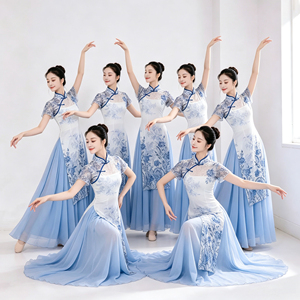 青花瓷旗袍古典舞蹈服套装中国风舞蹈表演服日常练功服礼仪形体服