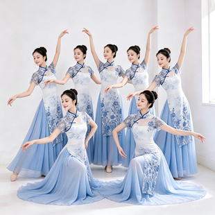 青花瓷旗袍古典舞蹈服套装中国风舞蹈表演服日常练功服礼仪形体服