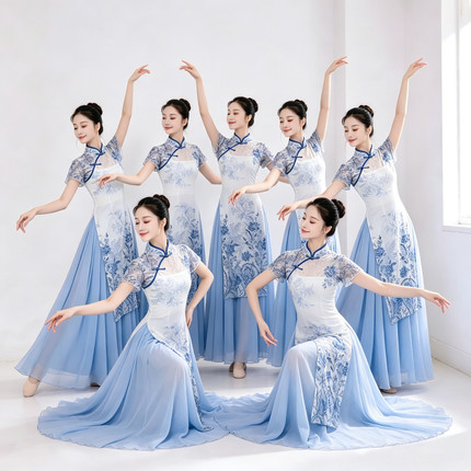 青花瓷旗袍古典舞蹈服套装中国风舞蹈表演服日常练功服礼仪形体服