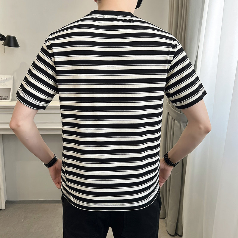 2025夏男款幸运符贴标经典条纹修身短袖T恤A230-882757-P50(控75),男装T恤,电商A230