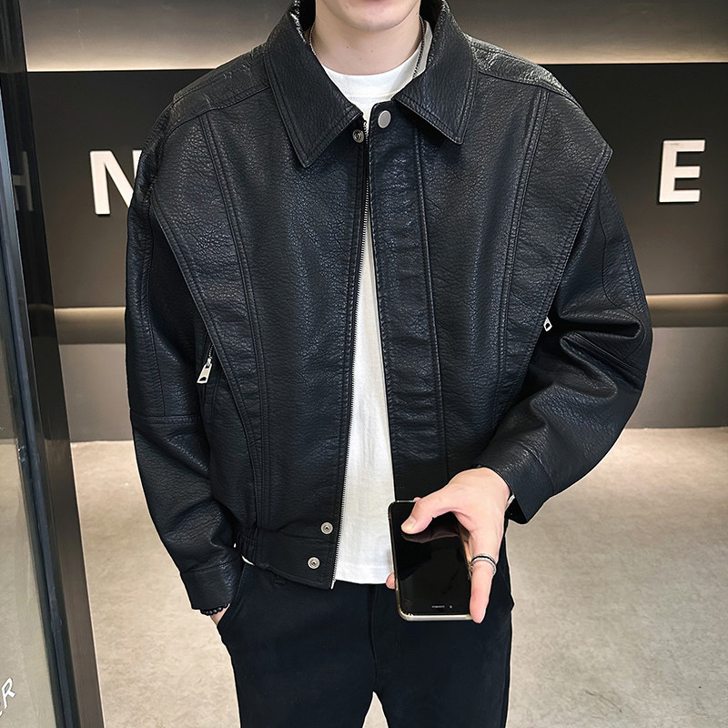 2026春男方领宽松短款韩系拉链皮衣外套A230-1960厚-P195(控2805)，男装皮衣，电商A230
