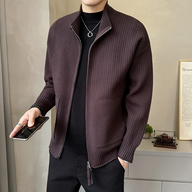 2025秋微宽松立领大口袋织法毛衣开衫外套A230-24615-P115(控158)，男装针织衫/毛衣，电商A230