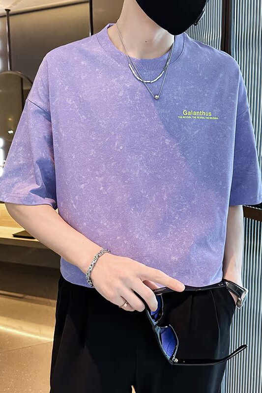2025年夏男款宽松版水洗花字母胶印圆领短袖A230-88851-P50(控78),男装T恤,电商A230