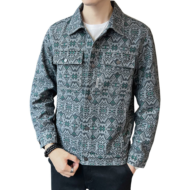 2026春男款修身方领民族风彩印牛仔夹克外套A230-3568-P98(控150),男装民族服装,电商A230