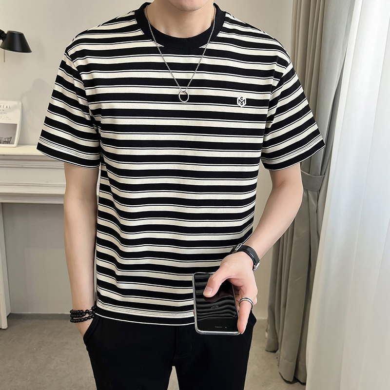 2025夏男款幸运符贴标经典条纹修身短袖T恤A230-882757-P50(控75)，男装T恤，电商A230