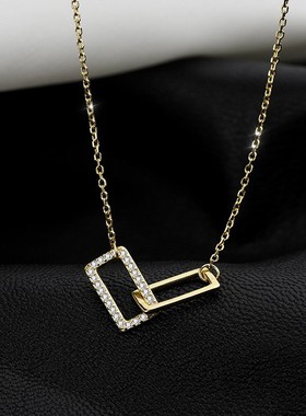 S925纯银轻奢方形双环相扣项链女小众设计百搭锁骨链ins几何吊坠