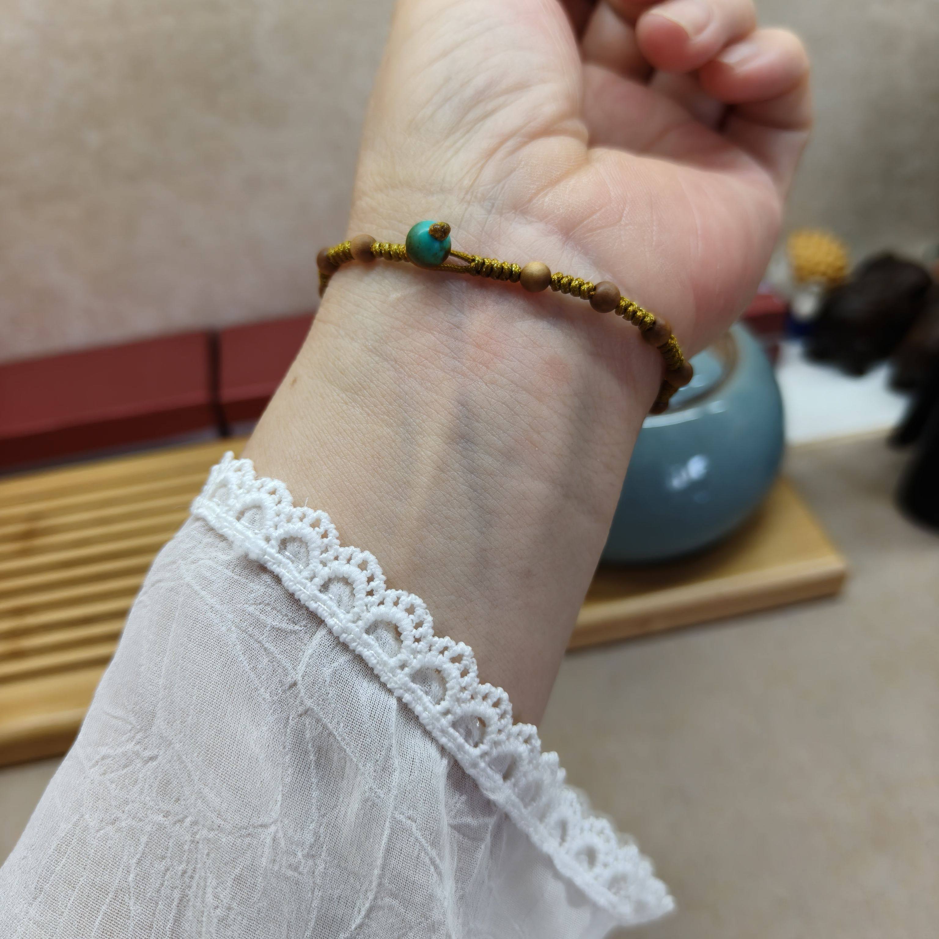 天然老山檀香木手链串搭配绿松石小圆珠编织手绳女靓丽小清新小众