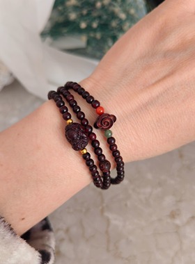 印度小叶紫檀木老料高油密精品小珠细链多圈女手链串祥云貔貅足金