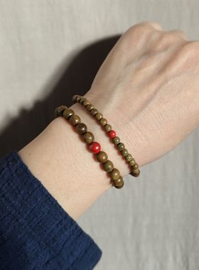 天然绿檀木4mm小珠朱砂手串细链木质女款简约素雅百搭手链缺木
