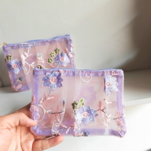 真美！日单刺绣小花包 紫色网纱化妆包 口红包零钱包杂物收纳包