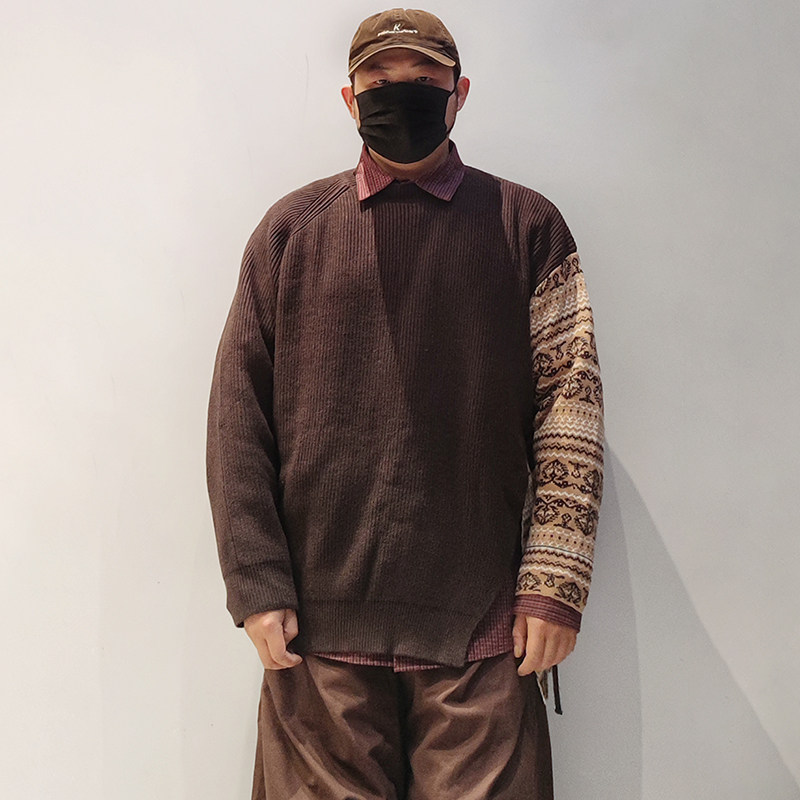 nogender集合下摆开叉设计费尔岛图案插肩袖宽松版圆领套头毛衣