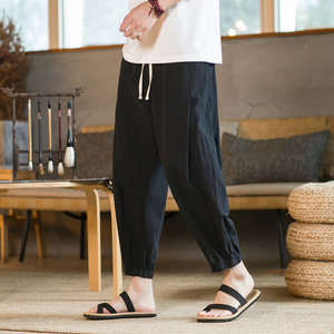 夏季宽松薄款亚麻短裤男大码阔腿休闲裤哈伦棉麻八分裤K8017图片