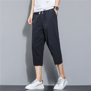 夏季休闲裤男百搭棉麻宽松亚麻裤韩版潮流七分裤八分直筒K821P20图片