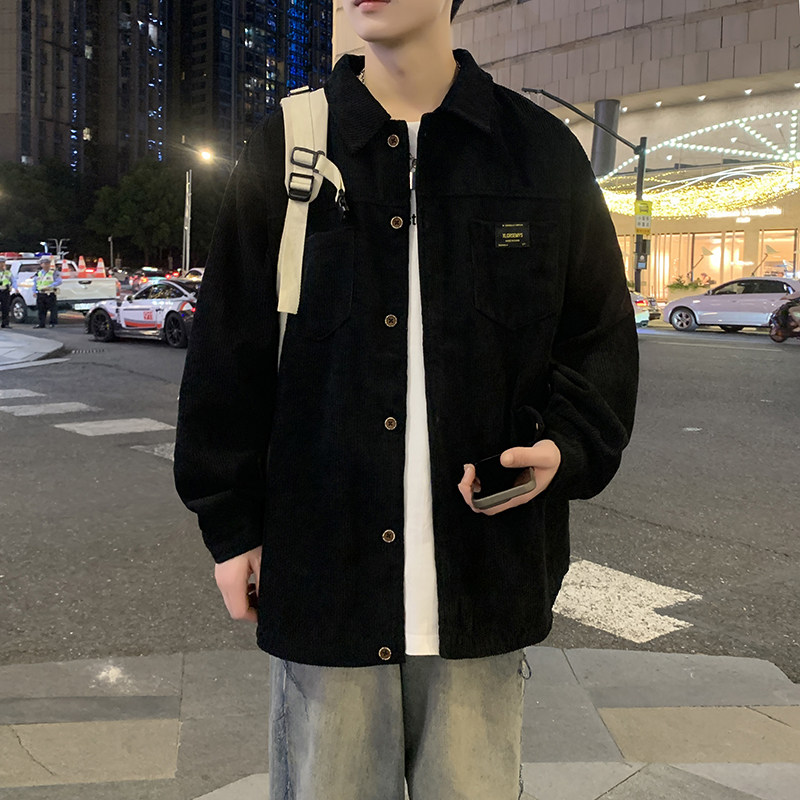 杏色灯芯绒休闲衬衫男长袖胖子大码宽松春秋复古日系工装衬衣外套,男装夹克,四季星座303A