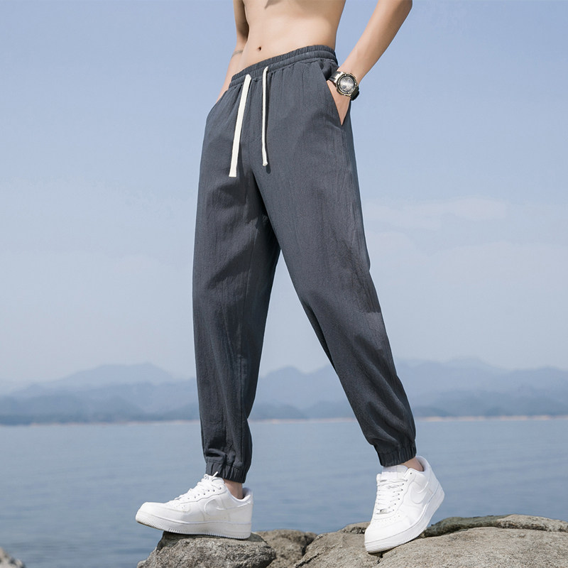 K800棉麻休闲裤男大码束脚九分裤薄款宽松亚麻阔腿裤风哈伦裤图片