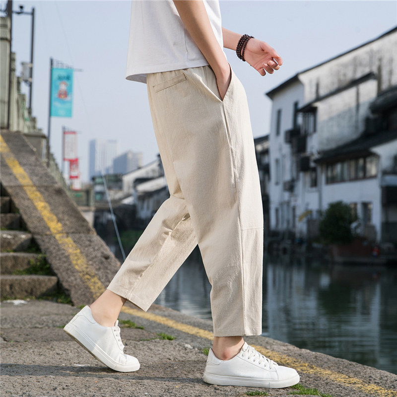 夏季休闲裤子男百搭棉麻宽松亚麻裤韩版潮流九分裤长裤直筒K22P25,男装休闲裤,四季星座303A