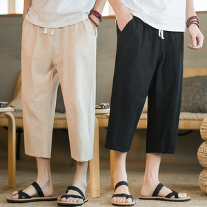 夏季休闲裤子男百搭棉麻宽松亚麻裤韩版潮流八分裤九分直筒K821，男装休闲裤，四季星座303A