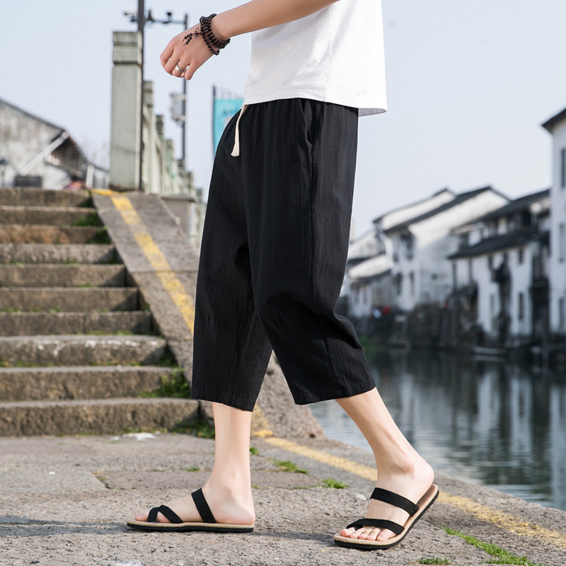 夏季休闲裤男百搭棉麻宽松亚麻裤韩版潮流七分裤八分直筒K821P20图片