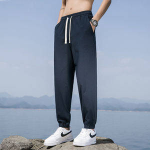 K800棉麻休闲裤男大码束脚九分裤薄款宽松亚麻阔腿裤风哈伦裤图片