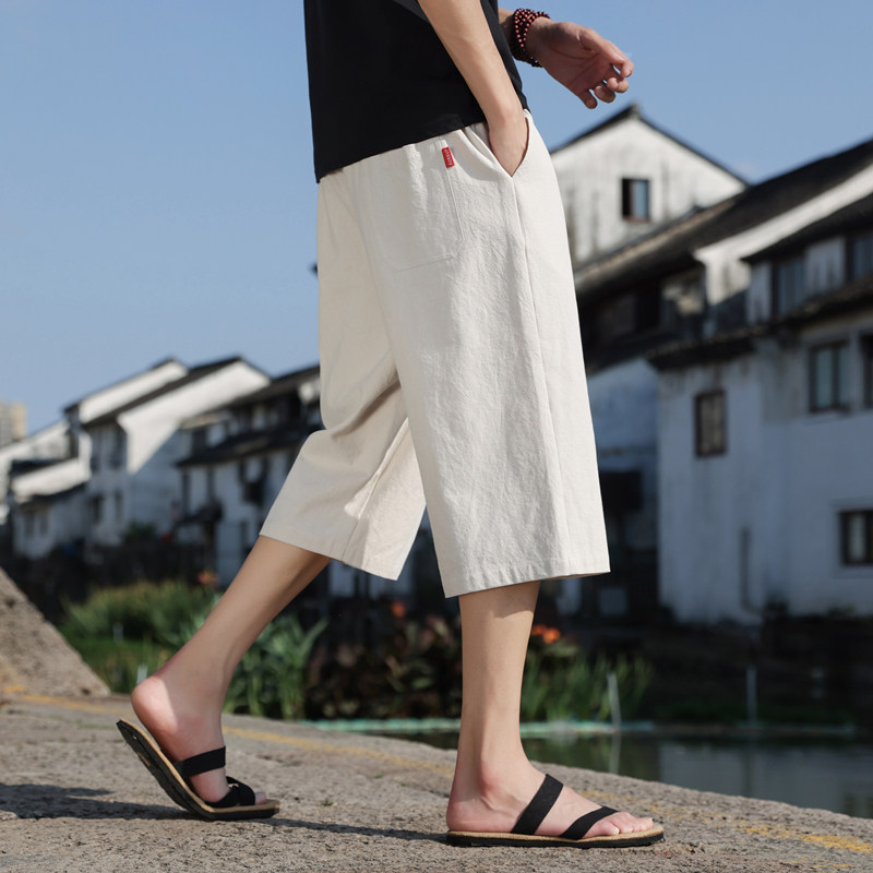 新中式亚麻裤子夏季男士短裤棉麻休闲裤风七分裤中裤马裤K918图片