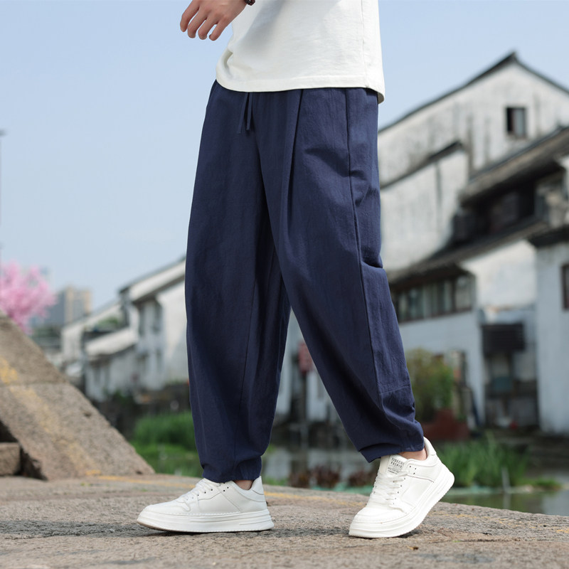 亚麻裤夏季新中式纯色街头宽松大码胖人棉麻束脚灯笼裤男K158,男装休闲裤,四季星座303A