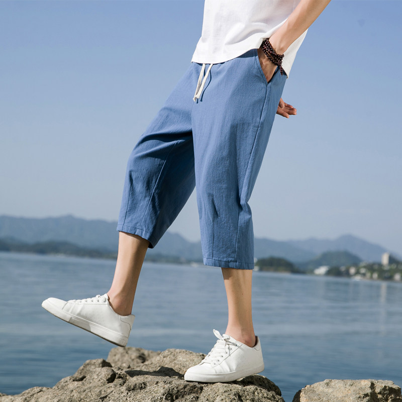 夏季休闲裤男百搭棉麻宽松亚麻裤韩版潮流七分裤八分直筒K821P20,男装牛仔裤,四季星座303A