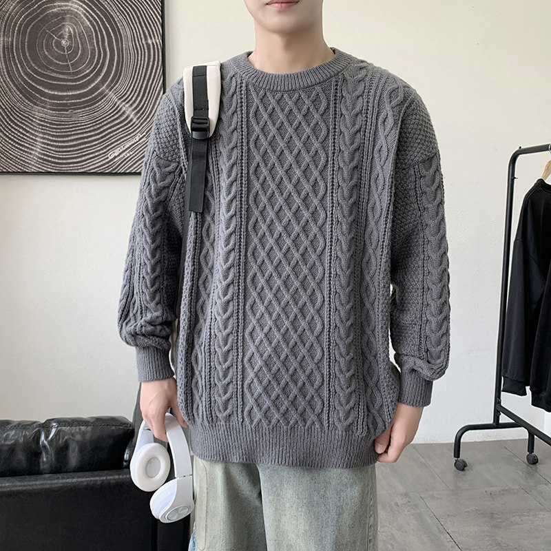 MY8267麻花毛衣男生秋冬季新款复古日系慵懒风圆领男常规37加绒47,男装针织衫/毛衣,四季星座303A