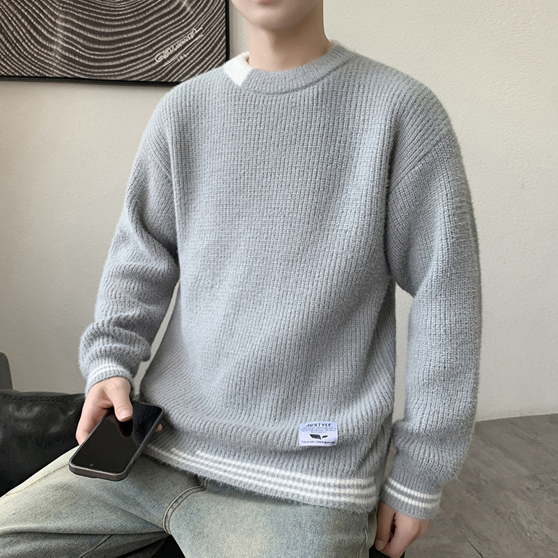 M6081圆领针织毛衣男秋冬季宽松百搭打底衫休闲毛衣常规37加绒47,男装T恤,四季星座303A