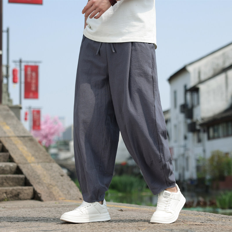 亚麻裤夏季新中式纯色街头宽松大码胖人棉麻束脚灯笼裤男K158,男装休闲裤,四季星座303A