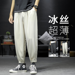 垂感冰丝休闲裤男西裤宽松速干空调裤夏季超薄款九分裤子K91,圆领卫衣衬衣搭配图片
