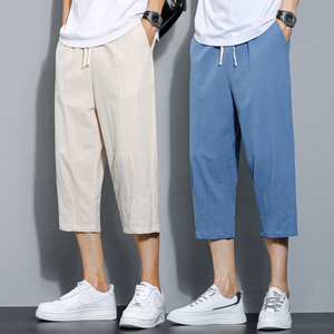 夏季休闲裤男百搭棉麻宽松亚麻裤韩版潮流七分裤八分直筒K821P20图片