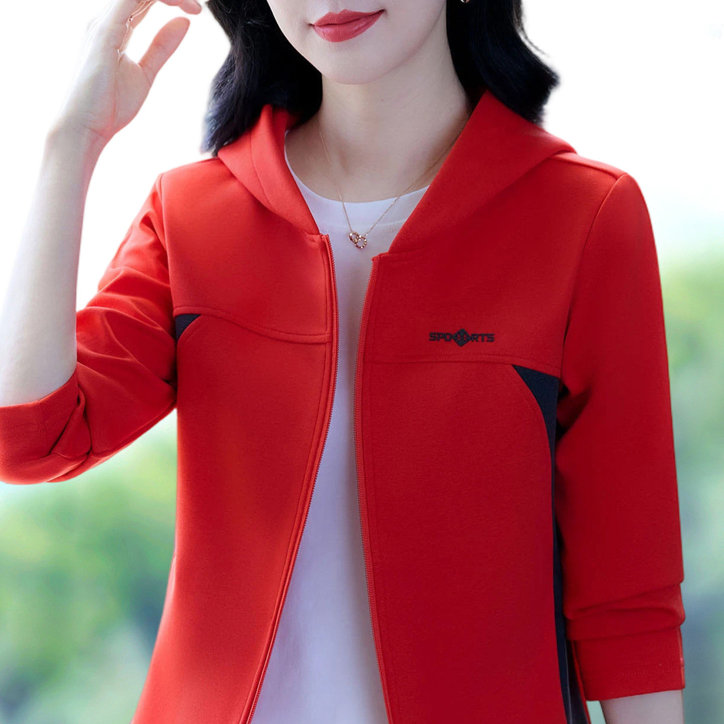 运动休闲连帽拉链外套女长袖红色洋气妈妈装上衣春秋女款夹克