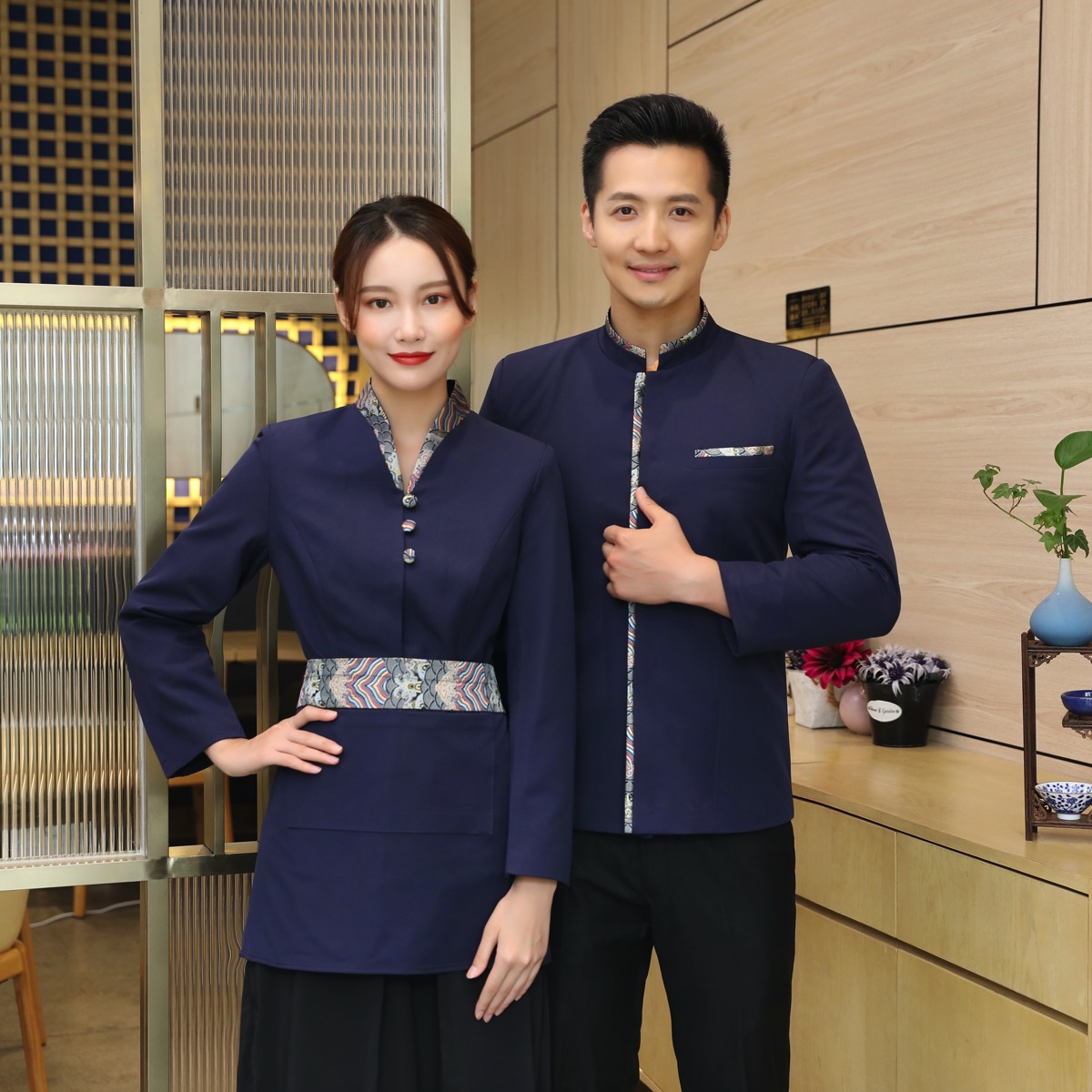 亿珑立领祥云秋季服务员工作制服男女同款中式茶餐厅茶国风大码女