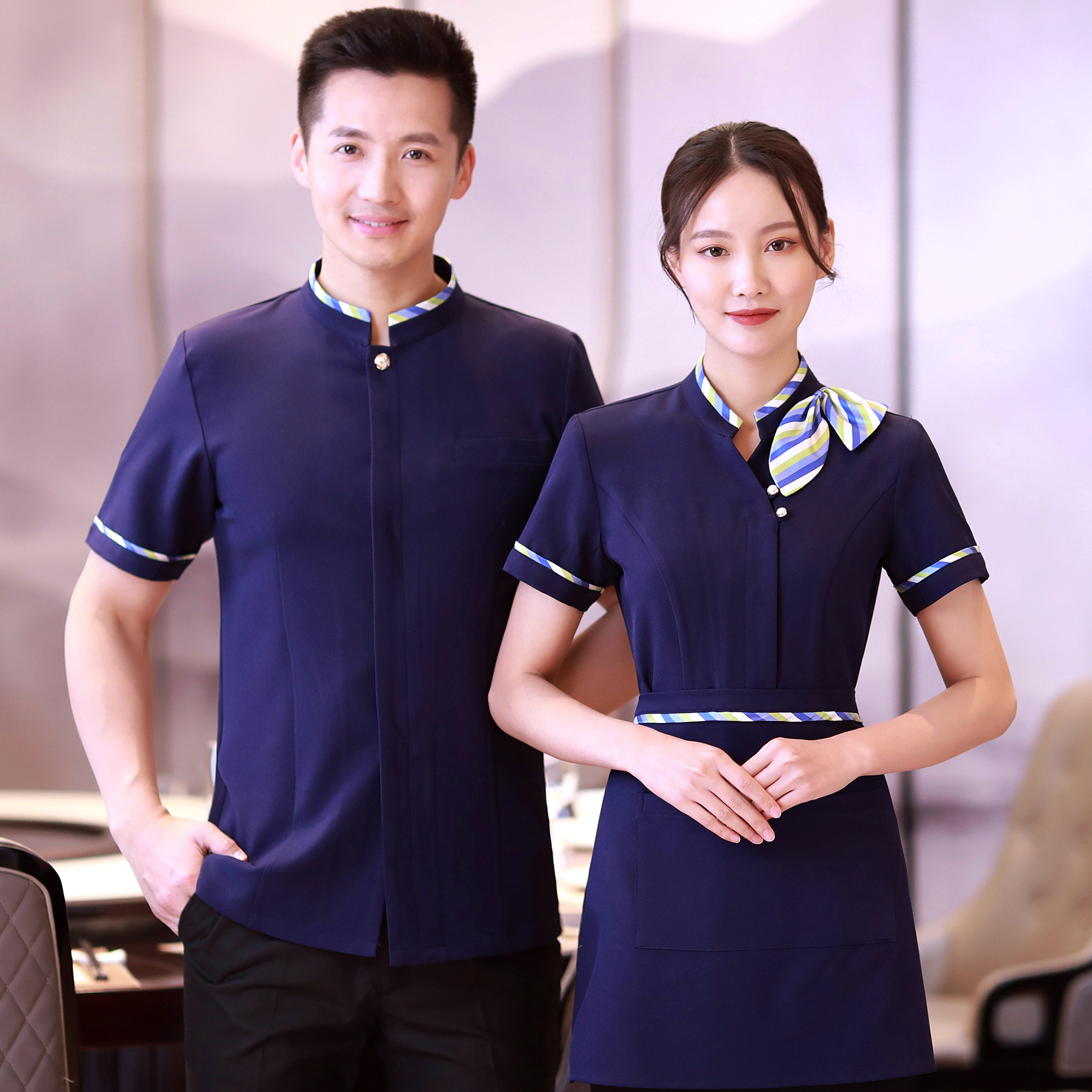 亿珑立领条纹酒店服务员工作制服男女同款中式茶餐厅夏季薄大码女