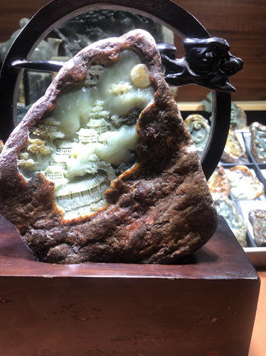 全壳独籽黄白河磨玉山水人家小摆件纯手工雕刻工艺