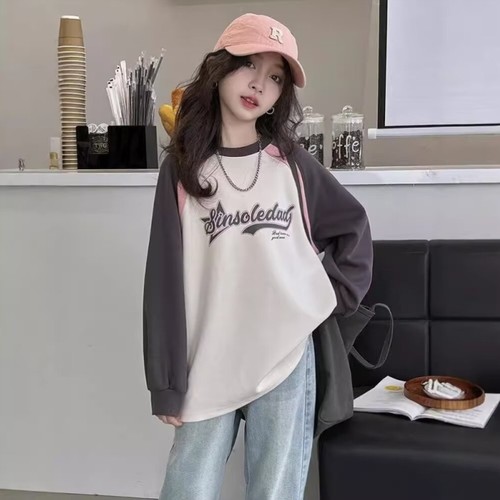 女童长款卫衣儿童中大童圆领打底衫春秋宽松上衣洋气长袖t恤拼色