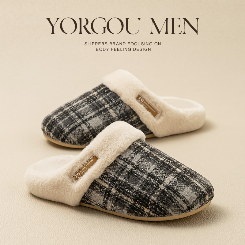 远港男士毛绒棉拖鞋厚底