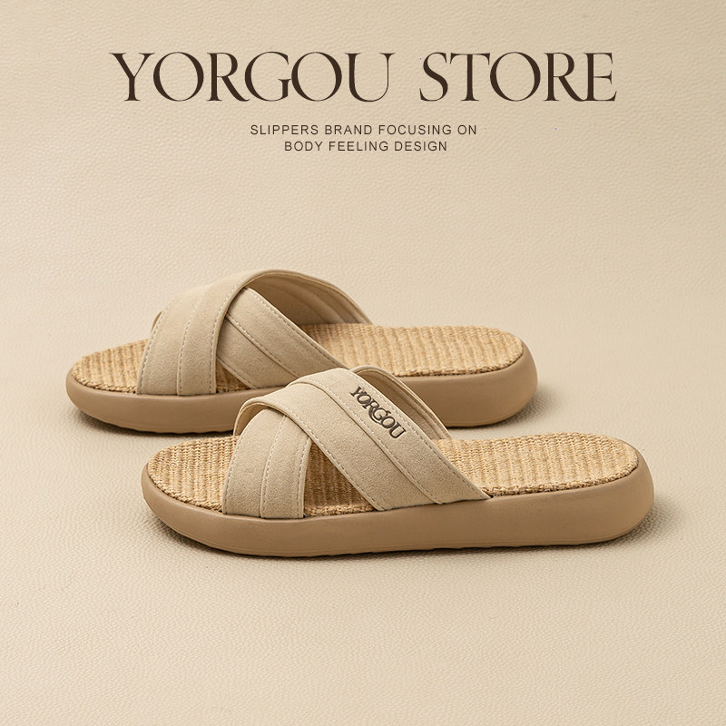 远港抗菌亚麻拖鞋女2025新款春秋居家室内地板防滑防臭四季通用男