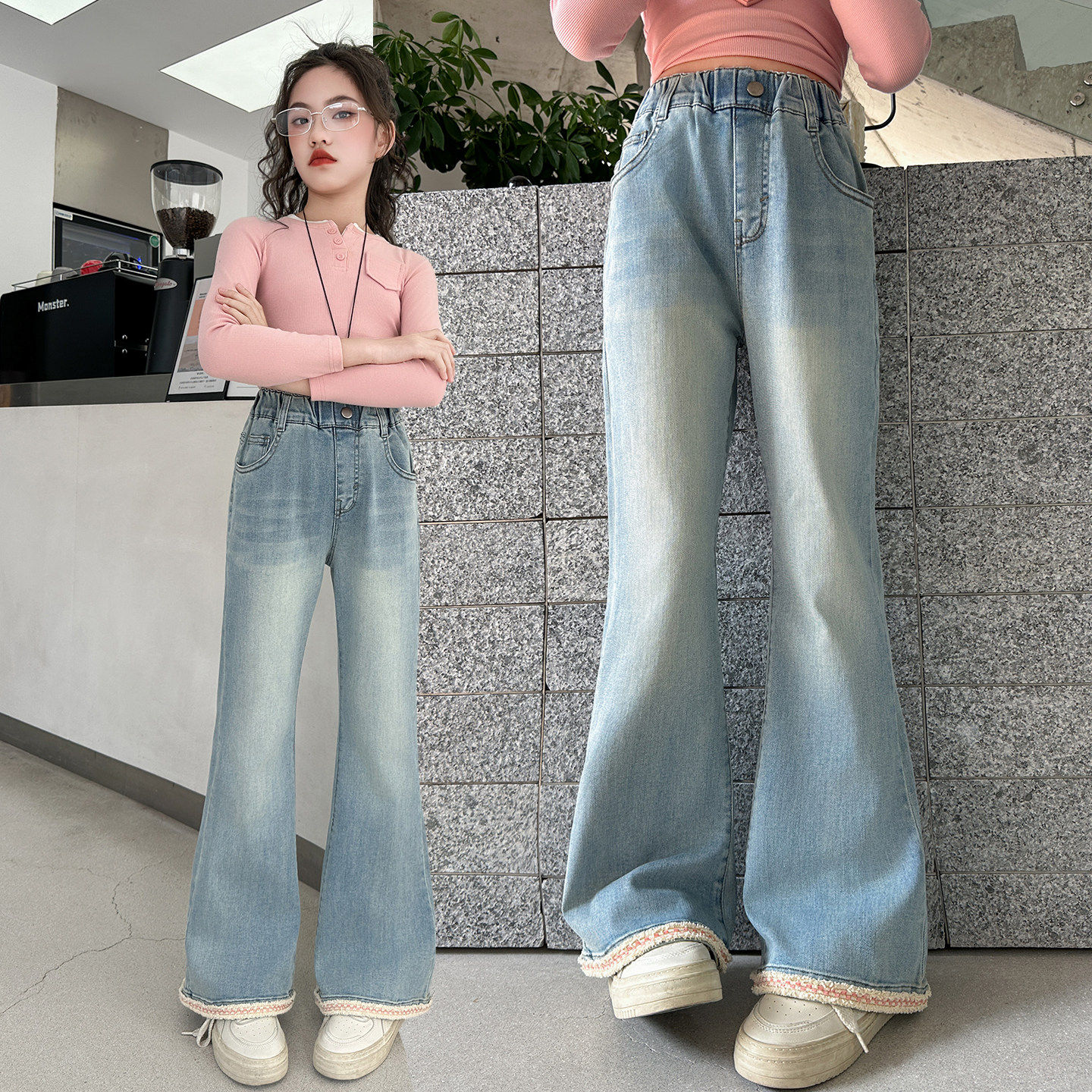 花边款女孩女童新款春秋春季中大童2026裤子牛仔裤喇叭裤弹力裤脚
