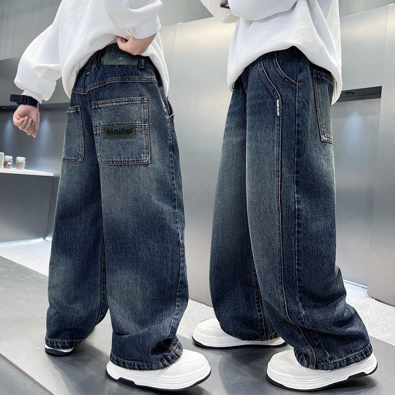 新款男童潮直筒2026童装初中生长裤中大童儿童宽松男孩春秋牛仔裤