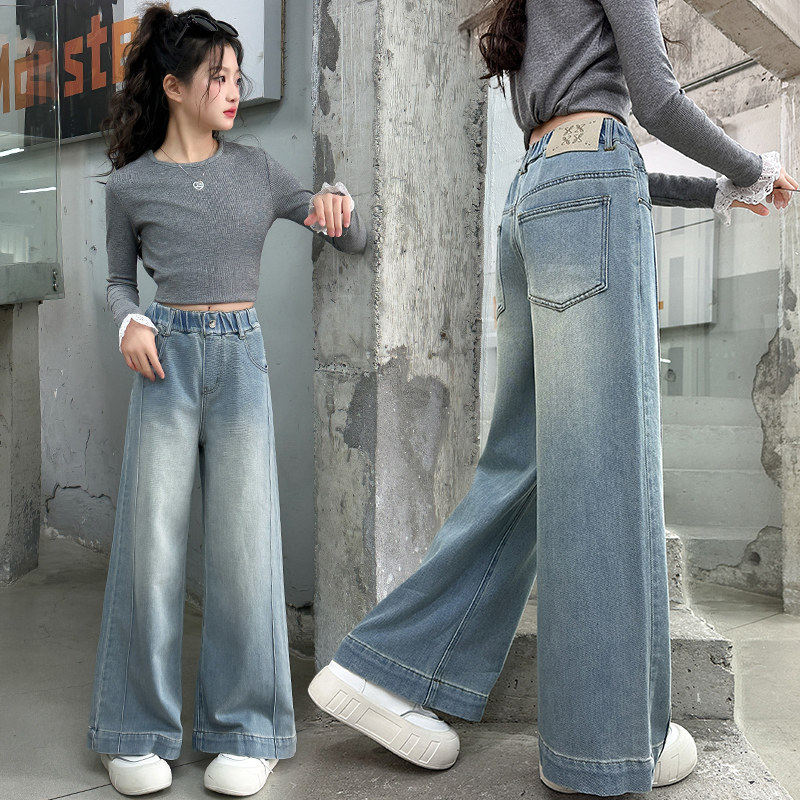 大牛仔裤女童2025冬装裤子春秋新款直筒儿童初中生阔腿裤加绒宽松