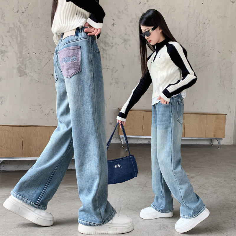 版女童窄新款中初中生儿童大牛仔裤长裤秋冬春秋加绒女孩阔腿直筒