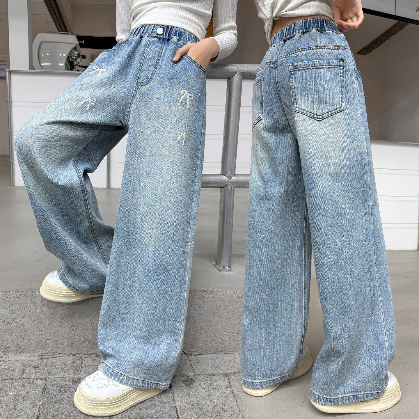 直筒浅色春季早蝴蝶结中大童加长阔腿女孩女童儿童牛仔裤裤子新款